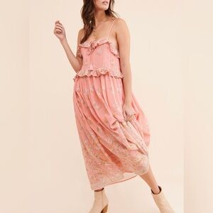 Spell Coral-Peach Floral Ruffle Maxi Dress